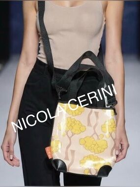 Designer Brand NICOLA CERINI AUSTRALIA Floral Yellow and Black Trim Tote Bag
